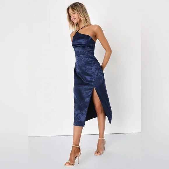 Desirable Dream Navy Blue Satin Jacquard Halter Neck Midi Dress - Picture 2 of 5